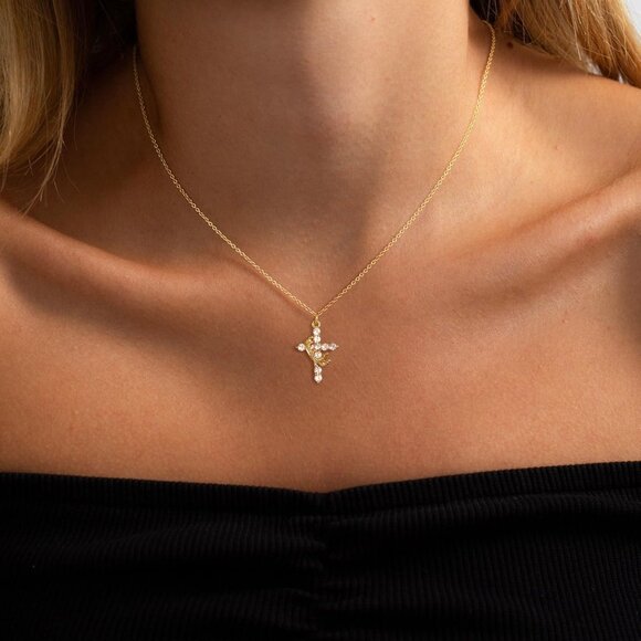 Perfect Gifts Women's Crown M04 Diamond Cross Necklace Gold Plated Faith Jewelry - Picture 2 of 8